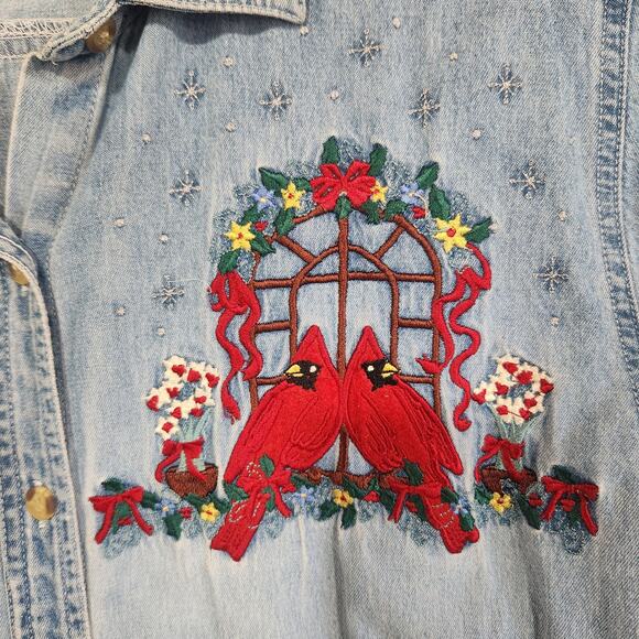 Vintage Christmas Denim Shirt Embroidered Redbirds Cardinals Long Sleeve Jean XL - Picture 5 of 15